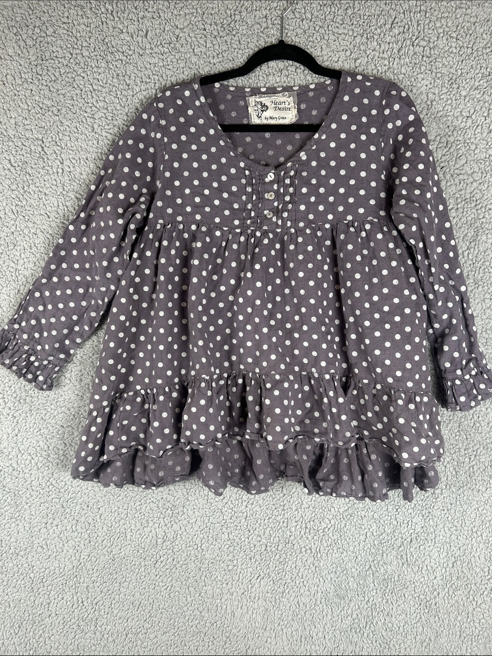 Heart’s Desire by Mary Grace Polka Dot 100% Linen Ruffled Flowy Fit Top Size S - Picture 2 of 16